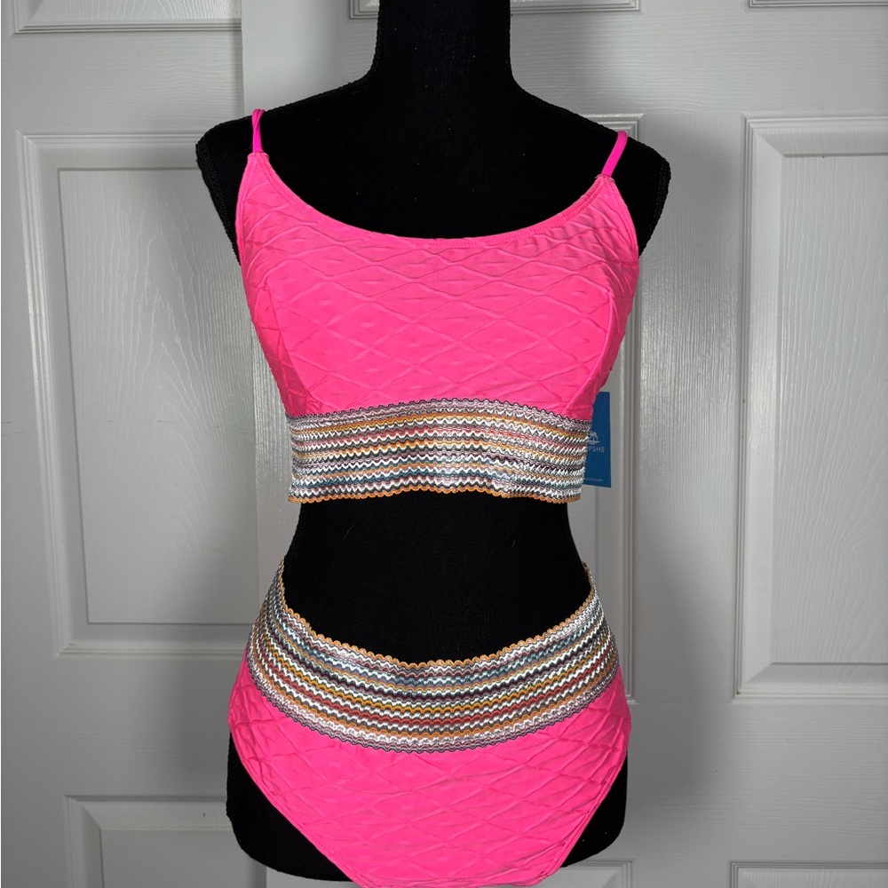 Cupshe Pink Quilted Bikini with Multicolor Waistband